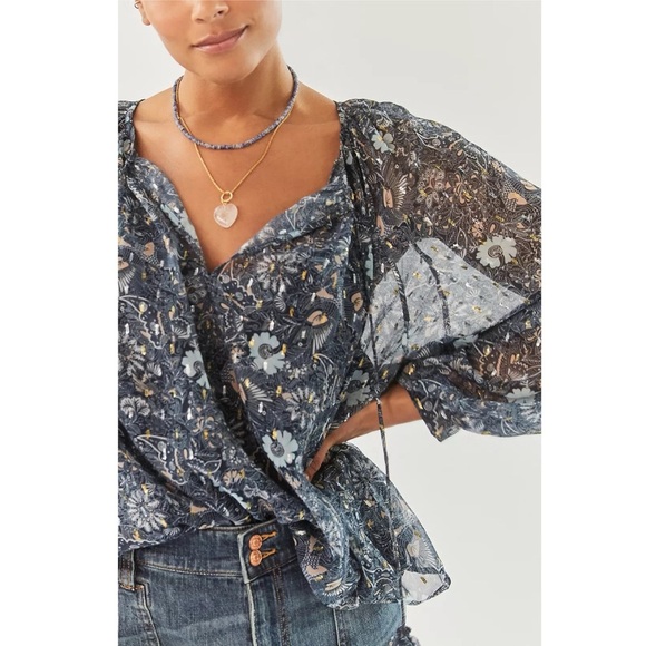 Anthropologie Let Me Be Blue Floral Sheer Chiffon Blouse M Puffed Sleeves Boho - Picture 2 of 14
